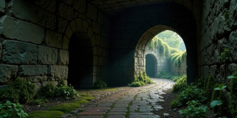 Fototapeta premium Secret Stone Pathway Leading to Sunlit Greenery Through Ancient Archways