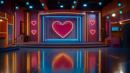 Game show stage with vintage neon lighting and romantic Valentine’s Day design. A vintage-inspired game show stage with glowing neon and love-themed decor.