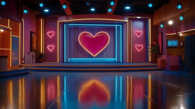 Game show stage with vintage neon lighting and romantic Valentine&rsquo;s Day design. A vintage-inspired game show stage with glowing neon and love-themed decor.