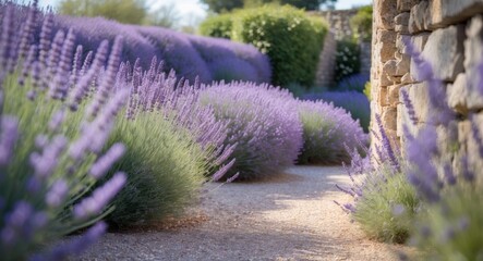 Beautiful Lavender Garden with Gravel Path and Stone Walls on a Clear Sunny Day