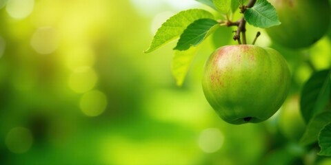 A vibrant green apple hangs from a branch, surrounded by lush foliage and bathed in soft sunlight, a picturesque scene of nature's bounty.