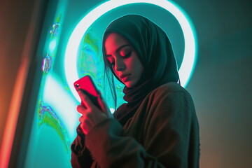 A close-up of a hijab-wearing woman using her smartphone with a focused expression. Perfect for tech-related articles, mobile app promotions, or communication campaigns.

