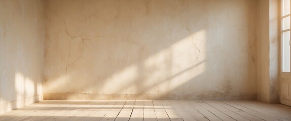 Sunlight illuminating empty room with weathered wall and wooden floor