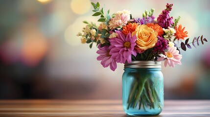 Vibrant Colorful Flower Bouquet in Teal Mason Jar