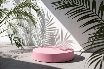 Obraz premium Pink 3D Podium with Tropical Leaf Shadows: Minimalist Product Presentation Mockup