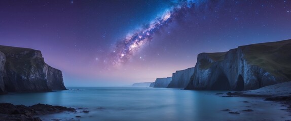 Vibrant night sky over tranquil seascape reveals a stunning view of the Milky Way galaxy and coastal cliffs.