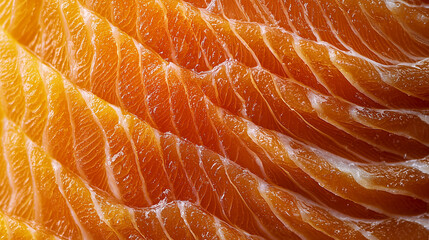 Close-up view of fresh salmon fillet slices, perfect for use in culinary projects, seafood restaurant menus, healthy lifestyle promotions, or cooking blogs