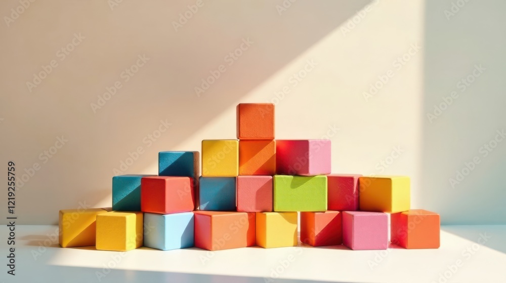 Poster Brightly colored blocks forming a pyramid shape in sunlight against a neutral backdrop