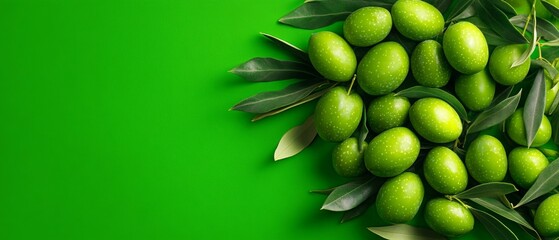 Top down view of fresh green olives arranged closely with leaves on vibrant green background for healthy eating and mediterranean cuisine concept