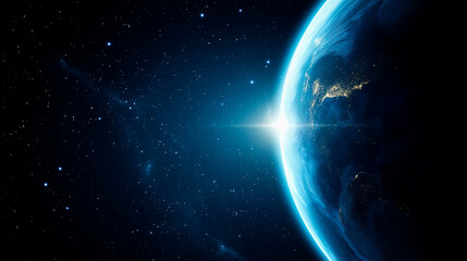 View from space on the planet Earth. Cosmos space. View from orbit. Night on the planet. Atmosphere. Globe of the earth.