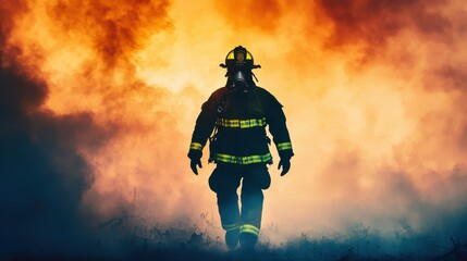 Firefighter walking through smoke in a dramatic, fiery backdrop. PM2.5 concept