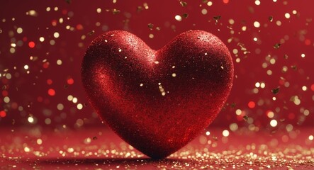 Red glitter heart on red background with gold confetti