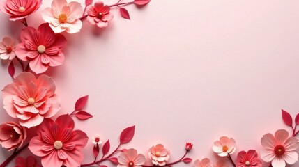 Naklejka premium Delicate Paper Flowers Frame a Pastel Pink Background, Ideal for Elegant Invitations or Announcements