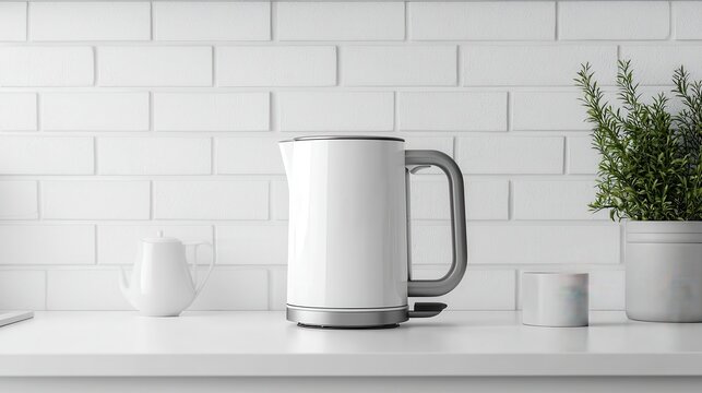 A modern electric kettle with a minimalist design, placed on a white kitchen counter, on a white  background