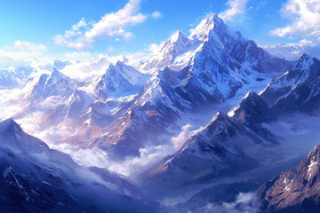 A breathtaking landscape of sharp snowy mountain peaks against a vibrant sky.