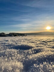 Frosty snow covered field with the sun in the background 