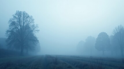 Serene Fog Envelops a Field of Winter Grass, Trees Stand Silhouetted Against the Misty Horizon