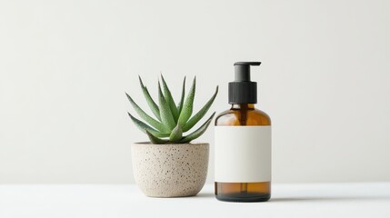 A bottle of luxurious body lotion with a minimalist label, placed beside a small potted plant, on a white background