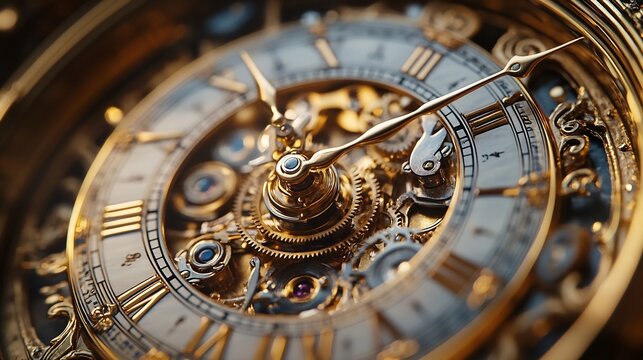 A macro shot of a mechanical clocks pendulum mid swing