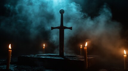 Naklejka premium Mystical Sword in the Dark: A Knight's Tale