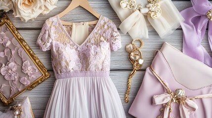 Lavender Lace Dress Fashion Flatlay with Accessories