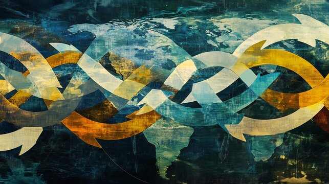 Artistic rendering of global commerce systems overlapping arrows circular patterns and a globe to signify the interconnectedness of international trade and crossborder business activities