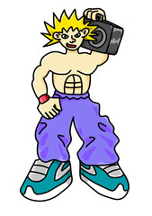 A cool boy wearing baggy jeans bringing boombox to party, y2k cartoon illustration , 2000 drawing people style