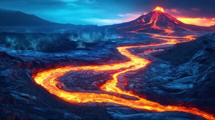 Fiery lava river flows from erupting volcano at dusk.