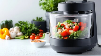 A sleek, modern food processor with ingredients placed next to it, on a white  background