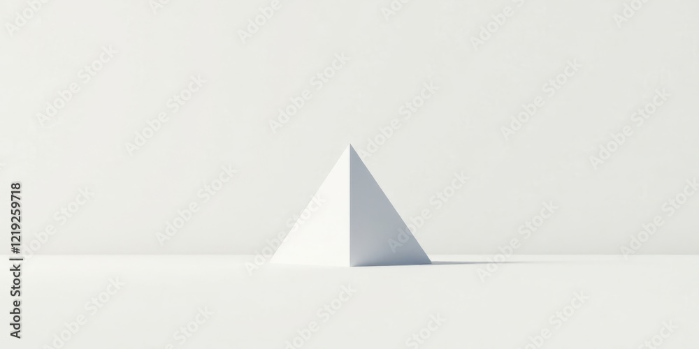 Poster single white pyramid on a plain white surface, a minimalist geometric shape illustration representin