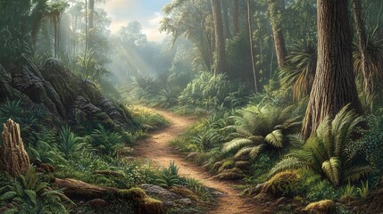 Obraz premium Serene Jungle Path Sunlit Forest Trail Lush Rainforest Scene
