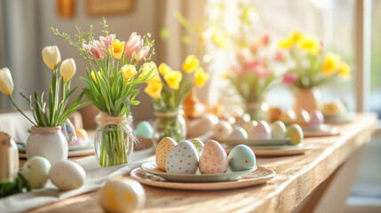 Beautifully arranged Easter table with rustic wooden tablecloth, pastel ceramic plates, hand-painted Easter eggs, and vases of tulips and daffodils, bathed in soft sunlight for a festive atmosphere.