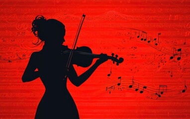 A silhouette of a woman playing the violin against a vibrant red background, with musical notes floating around her, evoking a sense of harmony and creativity.
