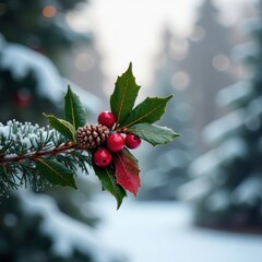 Holly sprig with red glitter leaves and pinecones in a wintery landscape, landscape, winter
