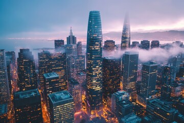 Naklejka premium An aerial view of a hazy downtown cityscape at dusk, highlighting contemporary buildings and the metropolitan environment, lighted by city lights. Generative Ai