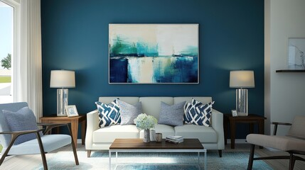 Teal wall living room with white sofa, abstract art, and side chairs.