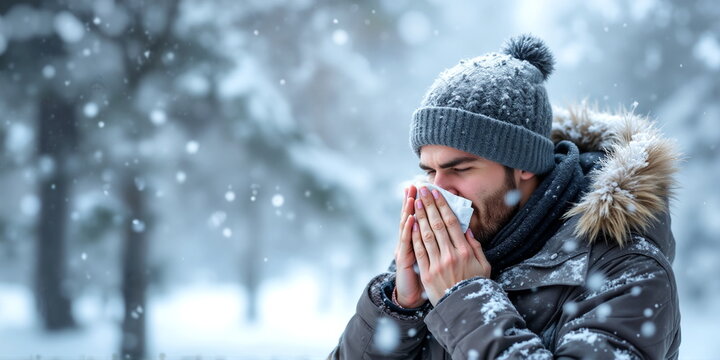 Man with cold sneezing in winter in the forest park. Suitable for use in advertisements or promotional materials related to health, wellness, flu season, cold remedies, and hygiene products. 