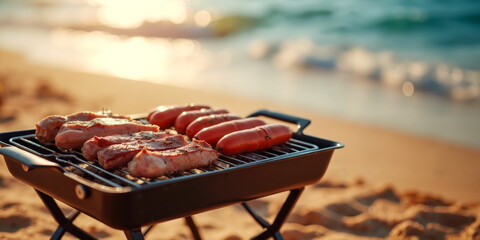 Sausages and steaks grilling on a portable barbecue grill at the beach. The concept is of outdoor cooking, summer, relaxation, and beachside grilling. 