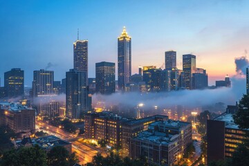 Fototapeta premium An aerial view of a hazy downtown cityscape at dusk, highlighting contemporary buildings and the metropolitan environment, lighted by city lights. Generative Ai