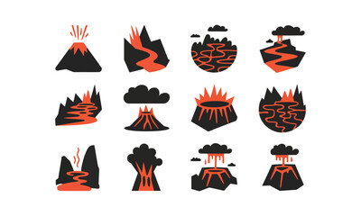 Set of Volcano Icons, Black and Red Vector Illustrations of Erupting Volcanoes, Lava Flows, and Craters