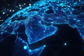 Data transfer, cyber technology, the idea of global networks and connectedness, and an abstract map of Saudi Arabia, the Middle East, and North Africa. Generative Ai