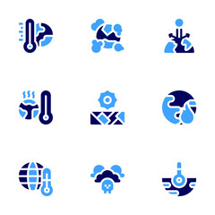 Global warming icon set. Bold style. Duotone colors. global warming, greenhouse effect, fire, climate change, pollution, drought, extreme weather