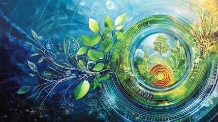 Artistic rendering of sustainability business emphasizing symbolic plants circular patterns and renewable energy flows that represent sustainable practices and ecofriendly business models