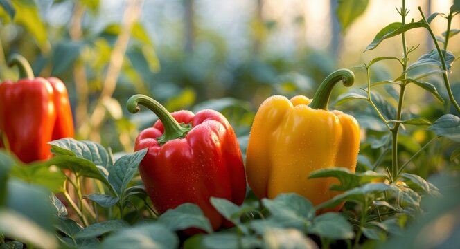 Red and yellow bell peppers growing in sunny greenhouse garden