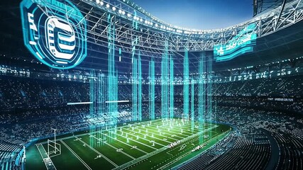 Futuristic stadium showcasing a digital overlay of sports analytics during a live game event - Powered by Adobe