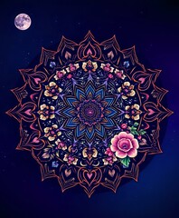 Vibrant Cosmic Mandala with Floral Patterns under Starry Night Sky