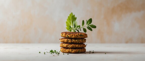 Chickpea falafel with celery and oregano on a textured background with space for creative text or recipe ideas
