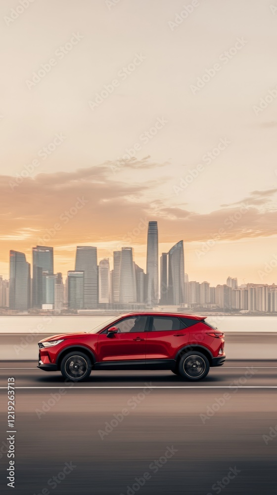 Poster modern red suv car driving fast on highway with blurred motion and city skyline in background during