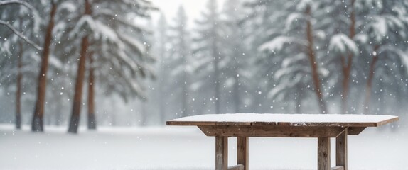 Rustic Wooden Table with Softly Blurred Pine Trees and Gentle Snowfall in a Serene Winter Landscape