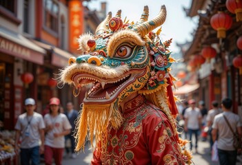 Dragon Dancer Vibrantly Performing Against Bustling Street Background